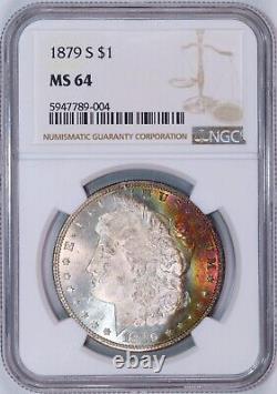 1879-S Morgan Silver Dollar NGC MS64 Rainbow Banded Obverse Crescent Toning