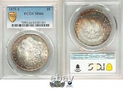 1879-S Morgan Silver Dollar PCGS MS66, Caked in Luster Multi Color Rainbow Toned