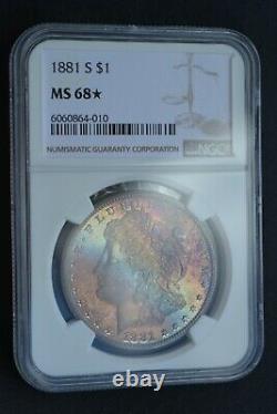 1881-S $1 Morgan Silver Dollar NGC MS68 Rainbow Toned, Semi-PL Reverse