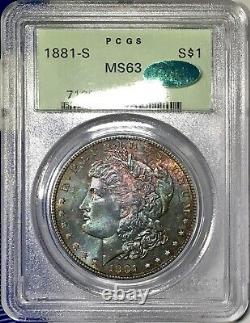1881-S Morgan Dollar PCGS MS63 CAC Colorful Emerald Peach Red Rainbow Toned
