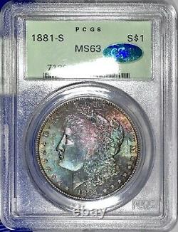 1881-S Morgan Dollar PCGS MS63 CAC Emerald Green Peach Red Color Rainbow Toned