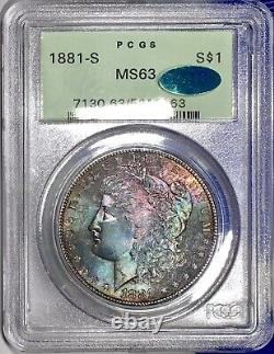 1881-S Morgan Dollar PCGS MS63 CAC Emerald Green Peach Red Color Rainbow Toned