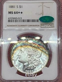1881 S NGC CAC MS 64+ Star Morgan Silver Dollar, Rainbow Toning, + Star & CAC
