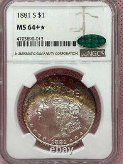 1881 S NGC CAC MS 64+ Star Morgan Silver Dollar, Rainbow Toning, + Star & CAC