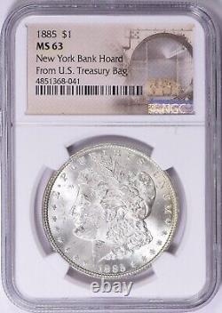 1885 Morgan Silver Dollar NGC MS 63 New York Bank Hoard Collection Pedigree