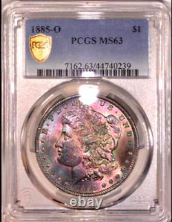 1885-O Morgan Silver Dollar PCGS MS63 Violet Purple Green Rainbow Toned