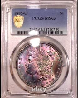 1885-O Morgan Silver Dollar PCGS MS63 Violet Purple Green Rainbow Toned