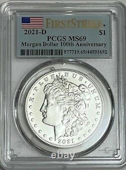 2021 $1 D MORGAN SILVER DOLLAR PCGS MS69 FIRST STRIKE 100th ANNIVERSARY With BOX