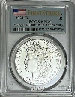 2021 $1 D MORGAN SILVER DOLLAR PCGS MS70 FIRST STRIKE 100th ANNIVERSARY With BOX