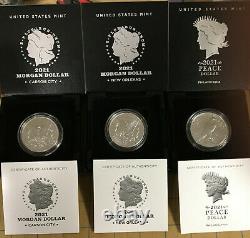 2021 Morgan Silver Dollars Six Coin Set CC, O, S, D, P & Peace Coins