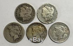 A Lot of 5 Cull Condition US $1 Silver Morgan & Peace Dollars