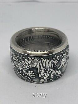 Coin Ring hand made Morgan Silver Australia Dollar 1oz Double Dragon Size 7-18