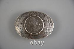 Morgan Silver Dollar Coin 1886 in Hand Engraved Oval Silver Western Belt Buckle