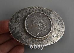 Morgan Silver Dollar Coin 1886 in Hand Engraved Oval Silver Western Belt Buckle