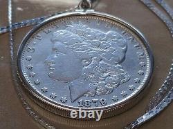 Rare 1879 Morgan Silver Dollar Pendant & 20 Italian Silver Herringbone Chain
