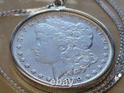 Rare 1879 Morgan Silver Dollar Pendant & 20 Italian Silver Herringbone Chain
