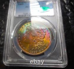Toned 1889-p Ms64+ Pcgs Cac Morgan Silver Dollar Monster Rainbow